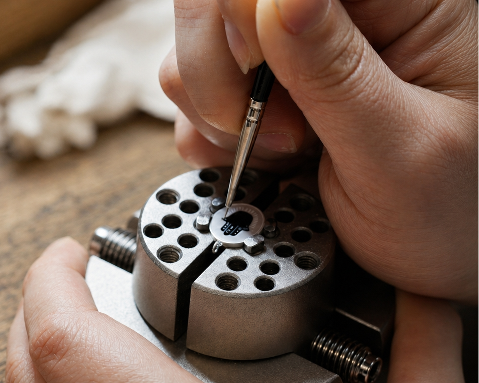 A jeweler's hand painting an Elysian enamel pendant by hand...