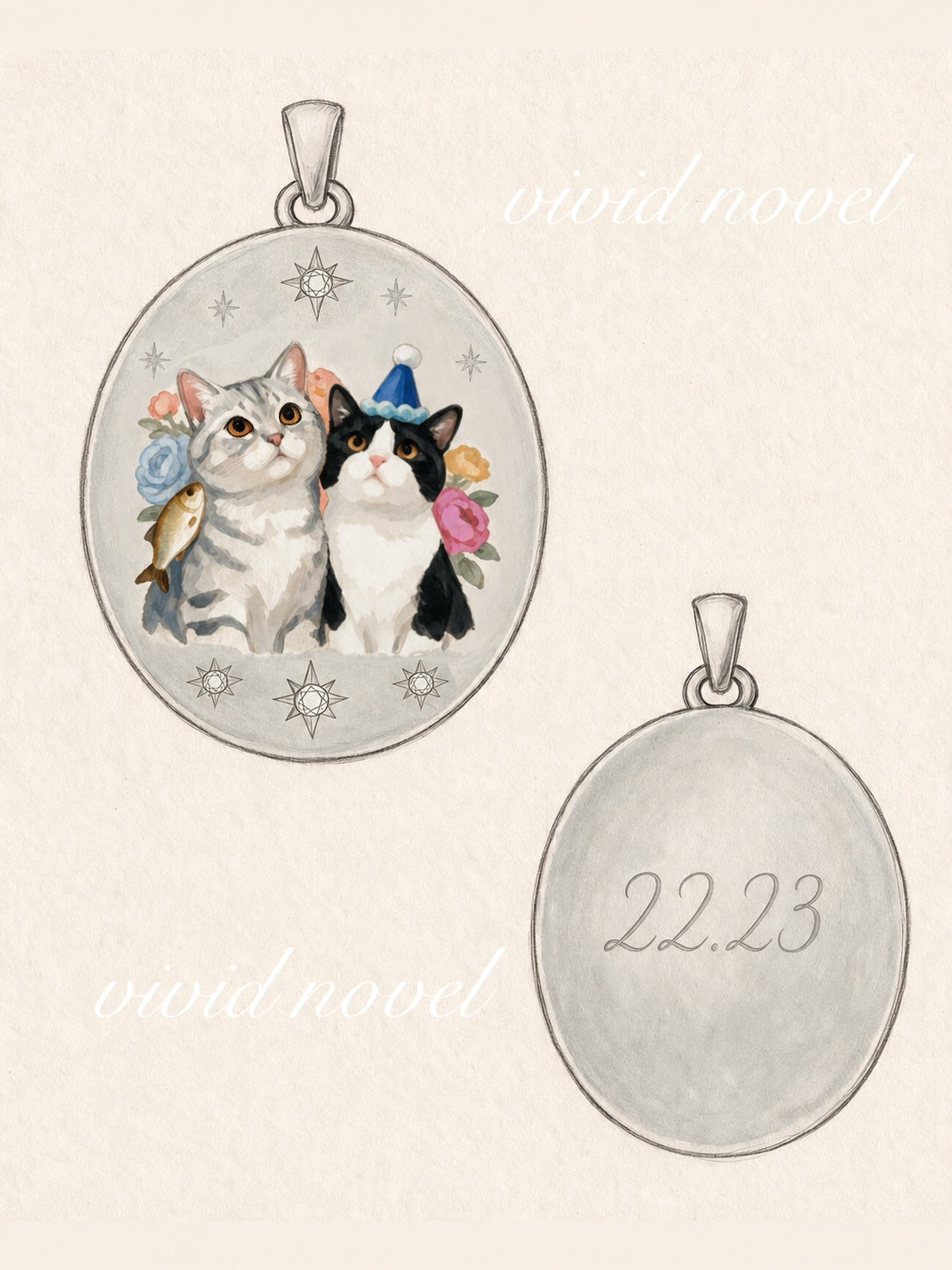 Hand-painted enamel pendant in 950 silver by Vivid Novel — design sketch of two cats, front and engraved back