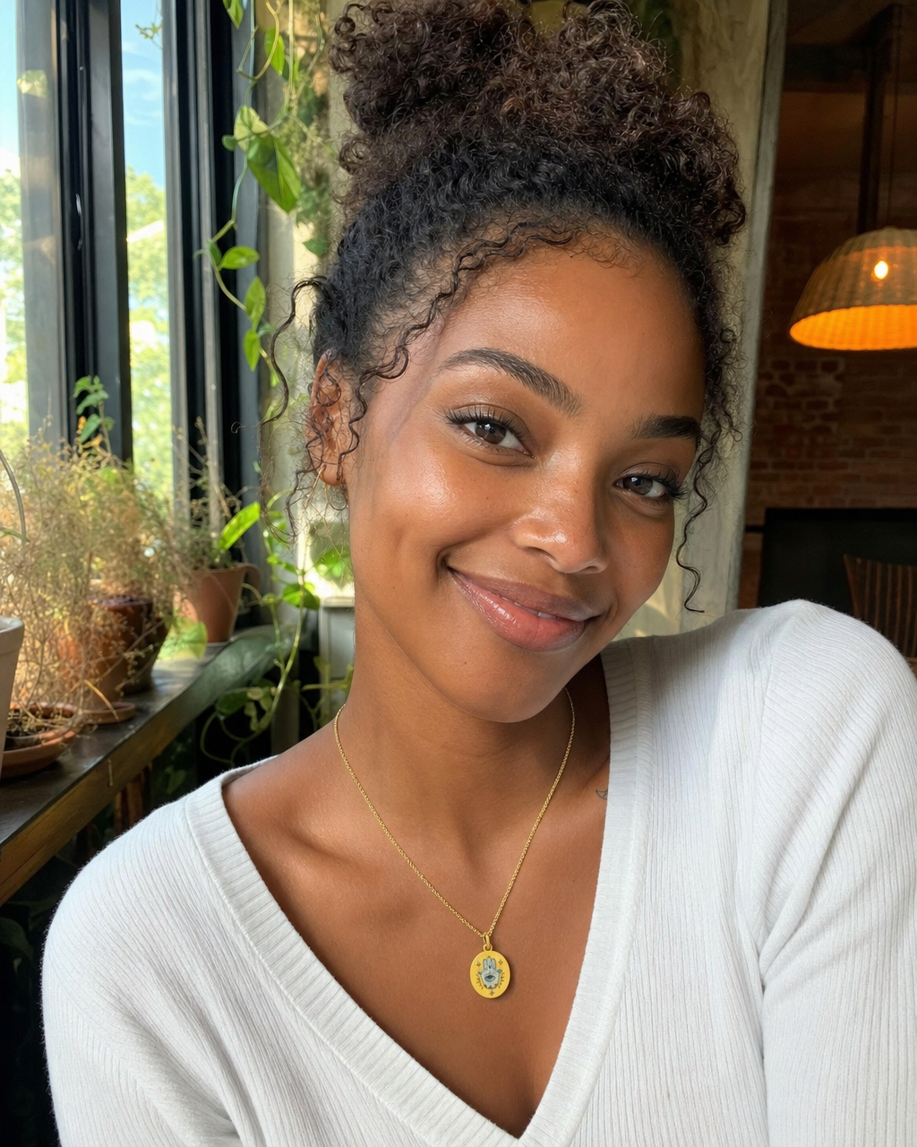 A young woman in a white knit top smiling by a sunlit window with hanging plants, wearing a Peace Piece Elysian Hamsa hand-painted enamel pendant on a gold chain at her collarbone