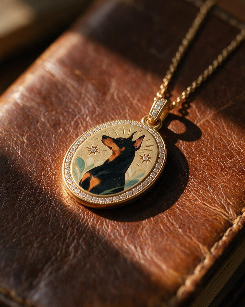 Hand-painted enamel miniature of a Doberman on a gold pendant with a diamond border, resting on a leather journal