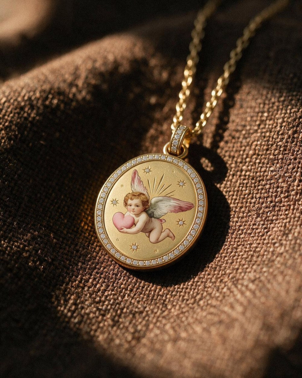 Gold pendant with a hand-painted enamel cherub holding a pink heart, framed in diamonds, on brown linen