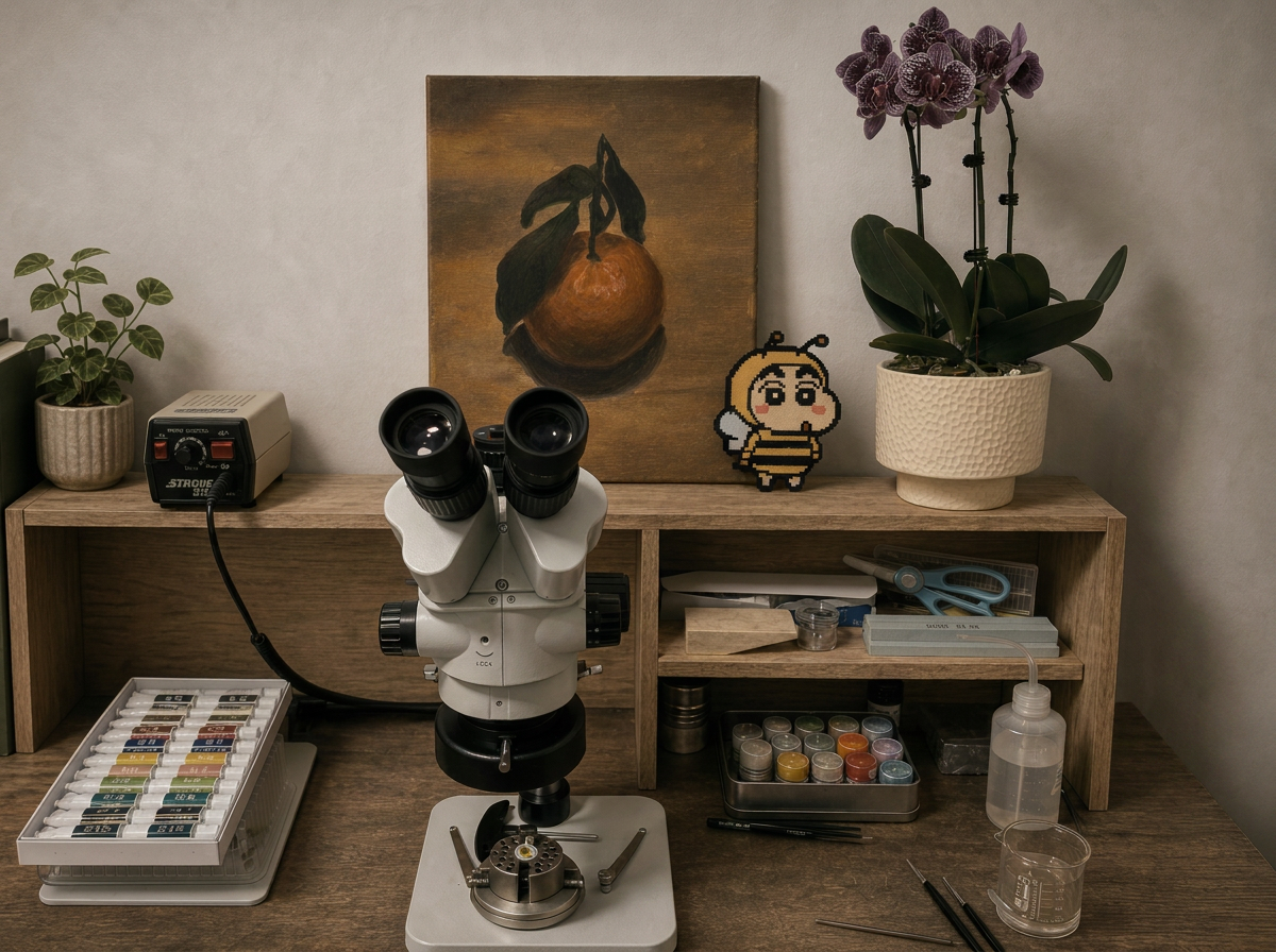 Enamel painting workstation with stereo microscope, mineral pigments, and curing accessories — the tools used to paint each Peace Piece Elysian pendant by hand.