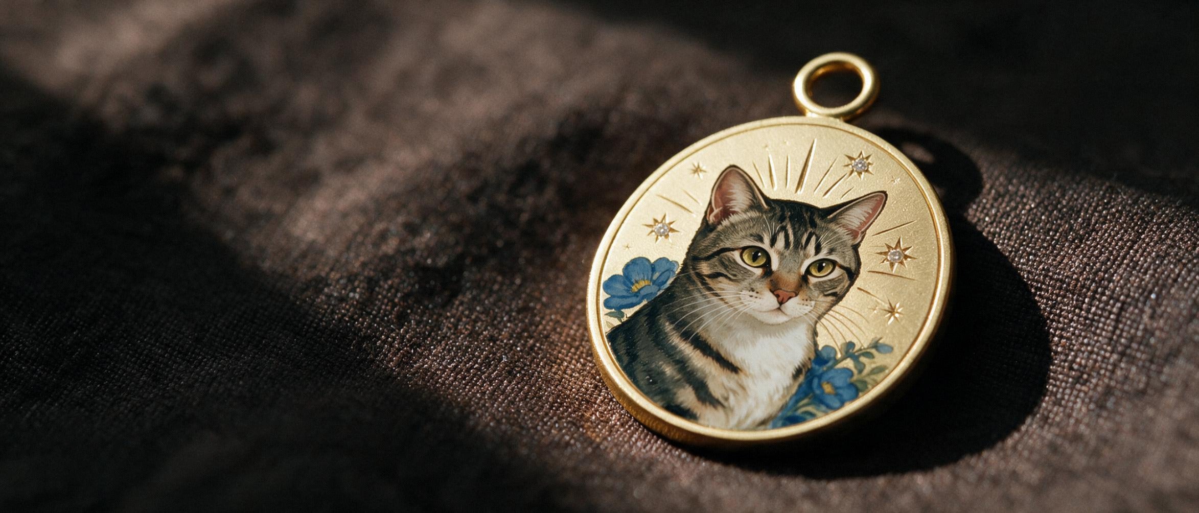 A solid 18K gold piece with hand-painted enamel, on dark cloth