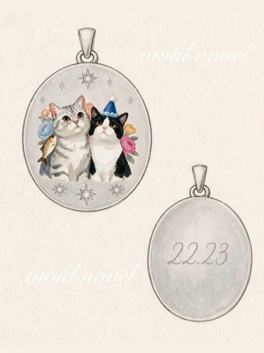 Hand-painted enamel pendant in 950 silver by Vivid Novel — design sketch of two cats, front and engraved back