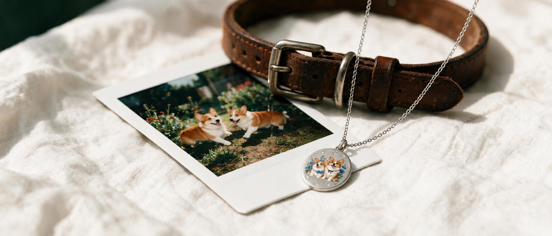 A silver enamel pendant painted with two corgis, resting on a polaroid of them beside a worn leather collar