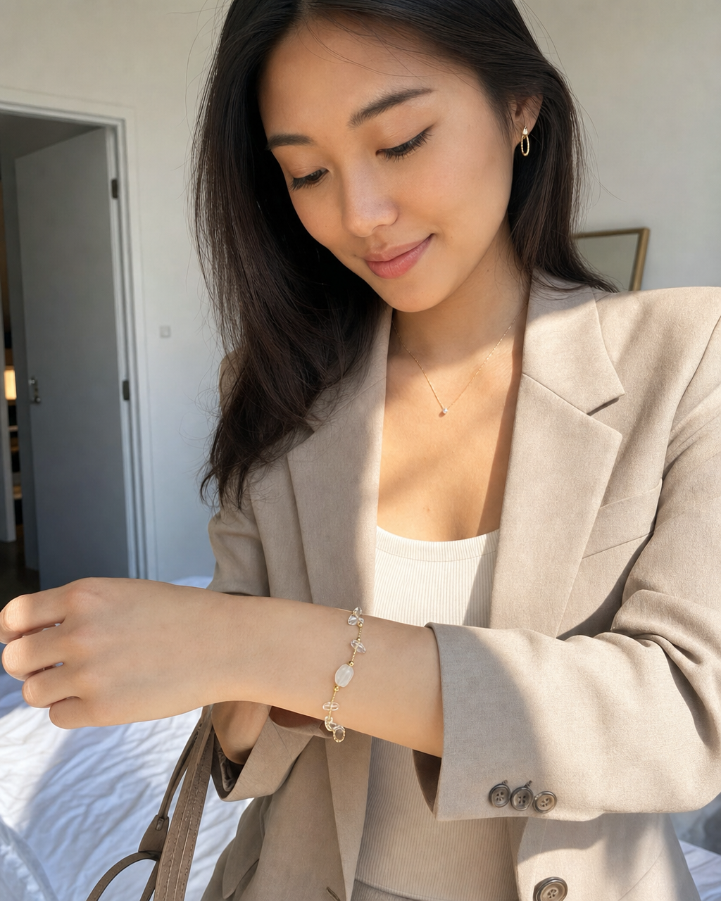 A customer wearing her Peace Piece jewelry on a quiet morning