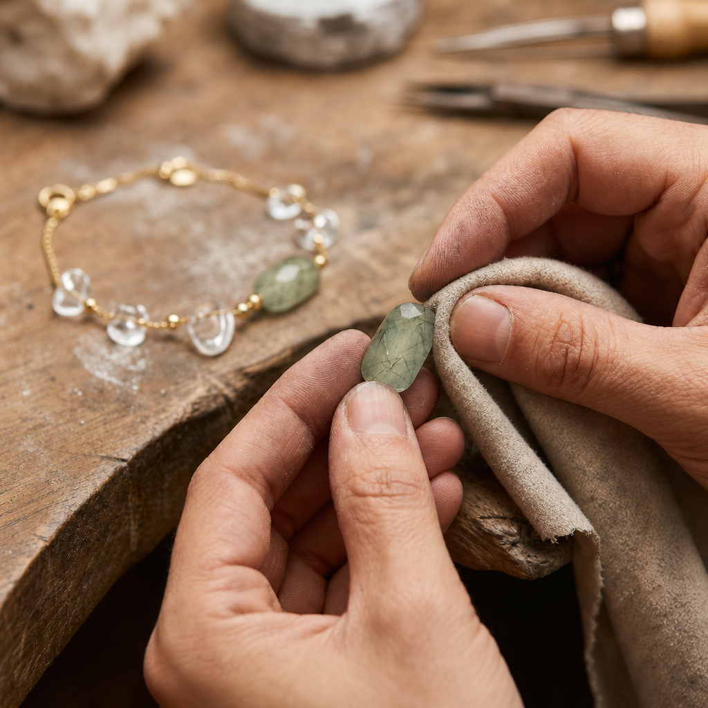 Hand polishing a prehnite gemstone next to a Peace Piece Seren...