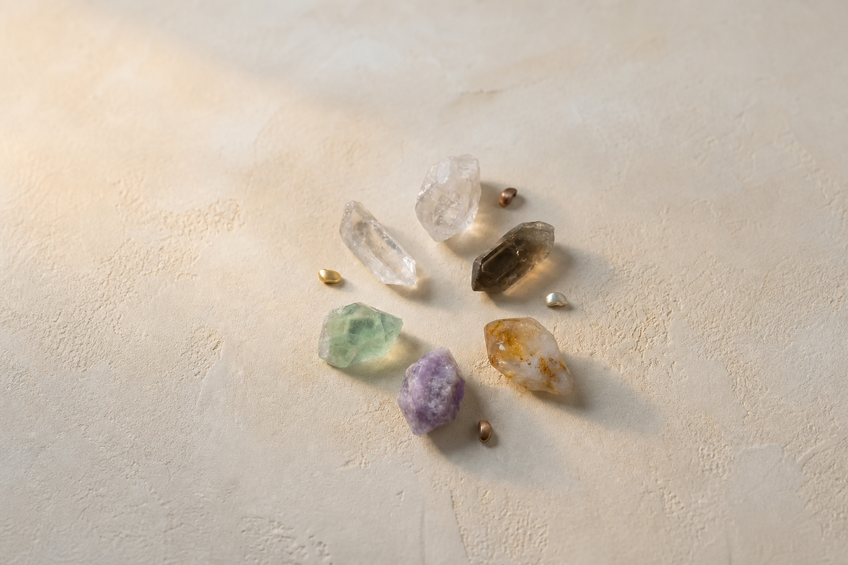 A selection of natural stones used in Peace Piece Seren bracelets — clear quartz, amethyst, smoky quartz, citrine, and fluorite specimens in their unpolished freeform shapes, alongside silver and gold accent beads.