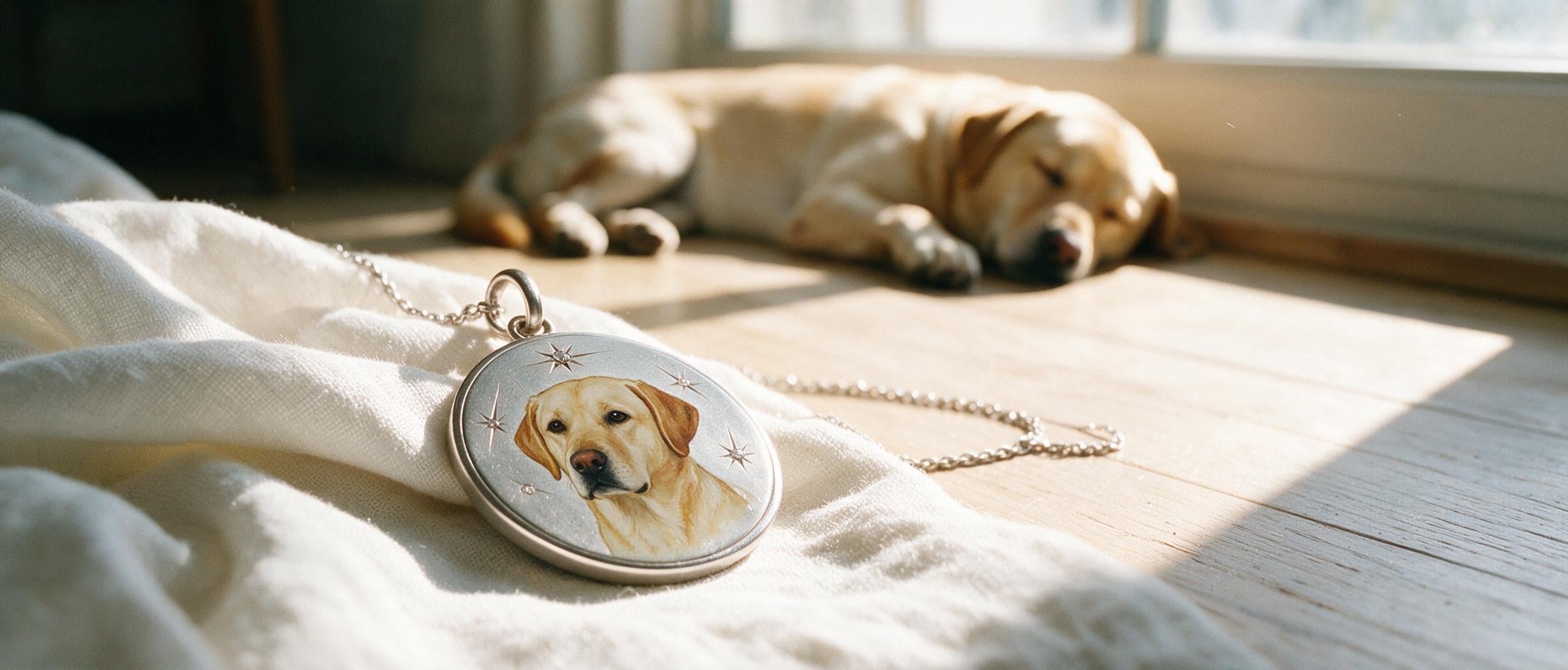A hand-painted enamel pendant with a Labrador portrait on silver, beside the Labrador asleep in the sun