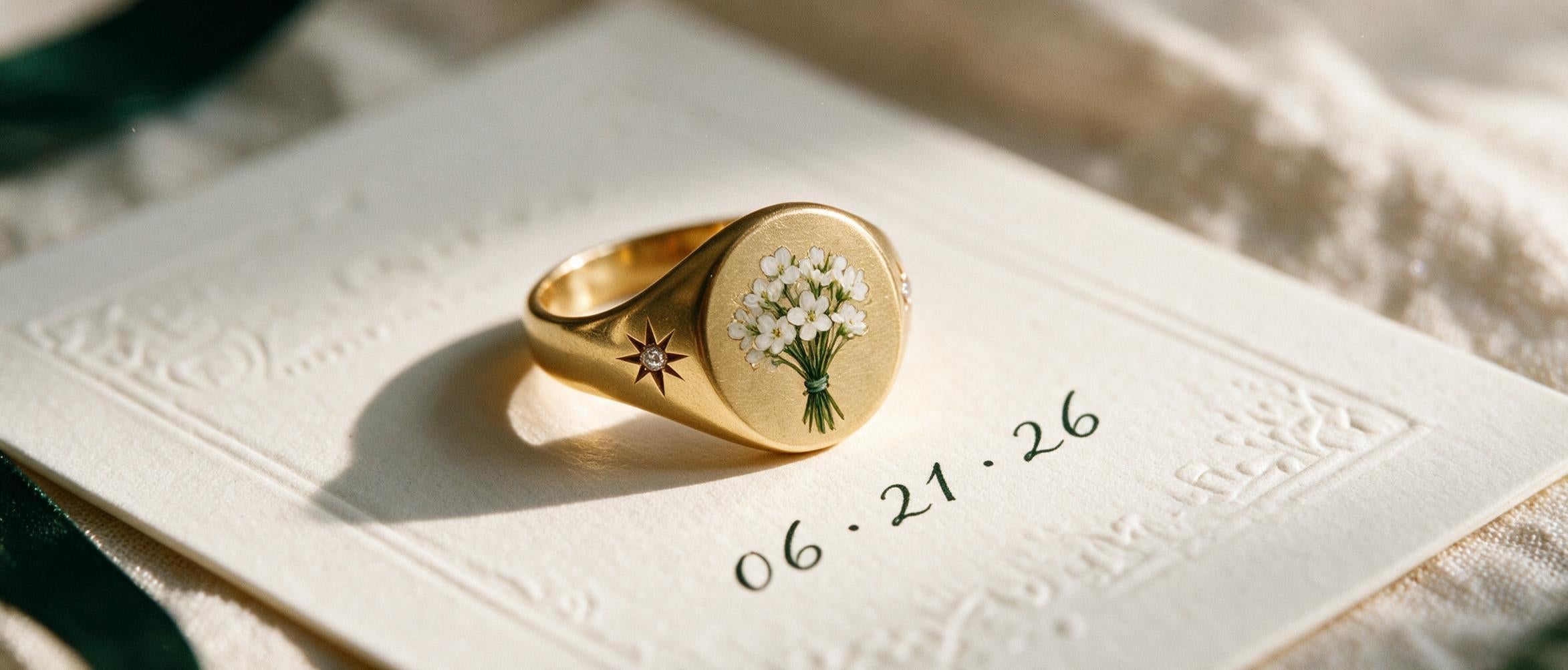 A solid gold signet ring hand-painted with a white bouquet, on a card with a handwritten wedding date