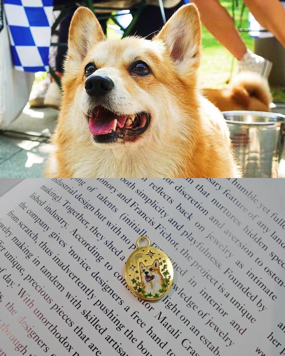 An enamel miniature pendant of a terrier, beside the dog